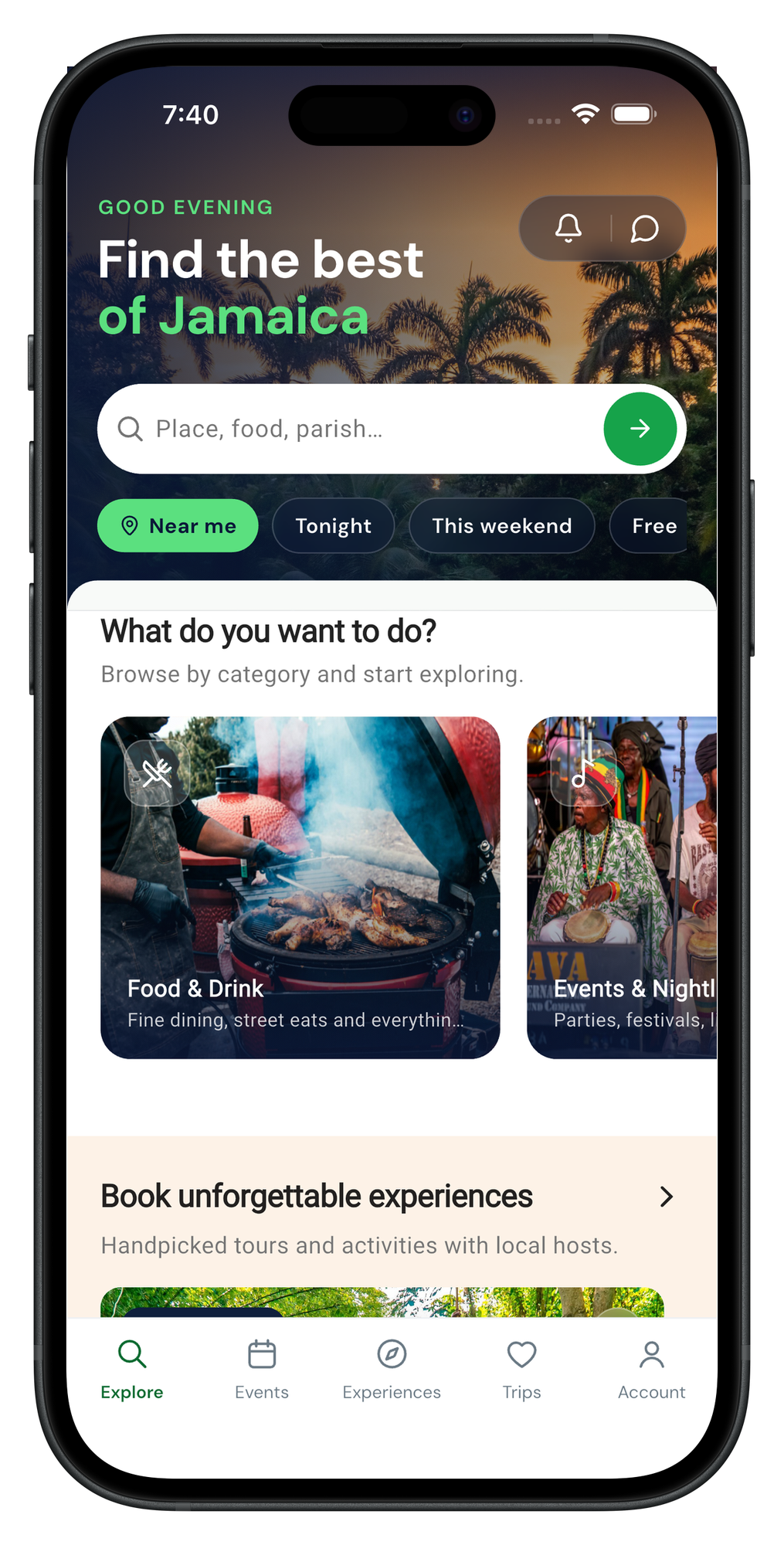 Get Local mobile app showing Jamaica discovery screen